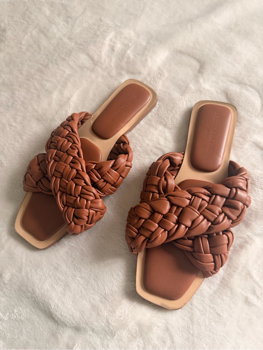 Kelly Rowland for JustFab Braided Woven Sandals | Caramel Neutral Slides